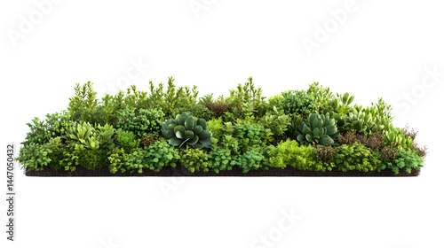 A realistic rendering of a section of a living roof with sedum plants, isolated on Transparent background.