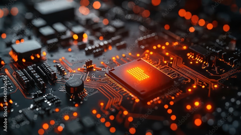 Illuminated Circuits: A Close-Up of a Computer Motherboard's Central Processing Unit Illuminated Circuits: A Close-Up of a Computer Motherboard's Central Processing Unit