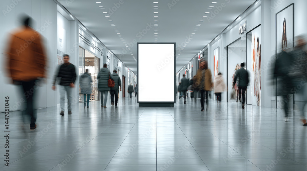 Busy shopping mall hallway with blank advertisement space. People walking in motion blur Busy shopping mall hallway with blank advertisement space. People walking in motion blur