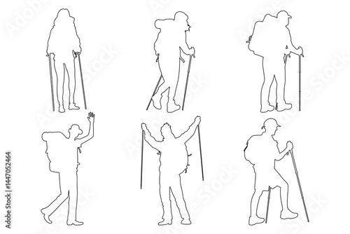 Hiking and Climbing outline set Vector Design with Backpacker Icons and Mountaineer Poses Isolated on White