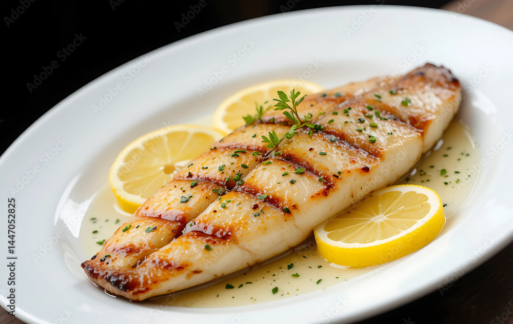 Grilled tilapia fillet on a white plate with lemon slices and herbs. Grilled tilapia fillet on a white plate with lemon slices and herbs.
