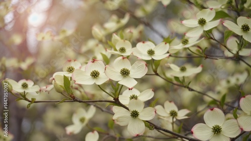 A tree with white flowers is in full bloom. The flowers are small and white with red tips. The tree is surrounded by green leaves and branches. Concept of beauty and tranquility