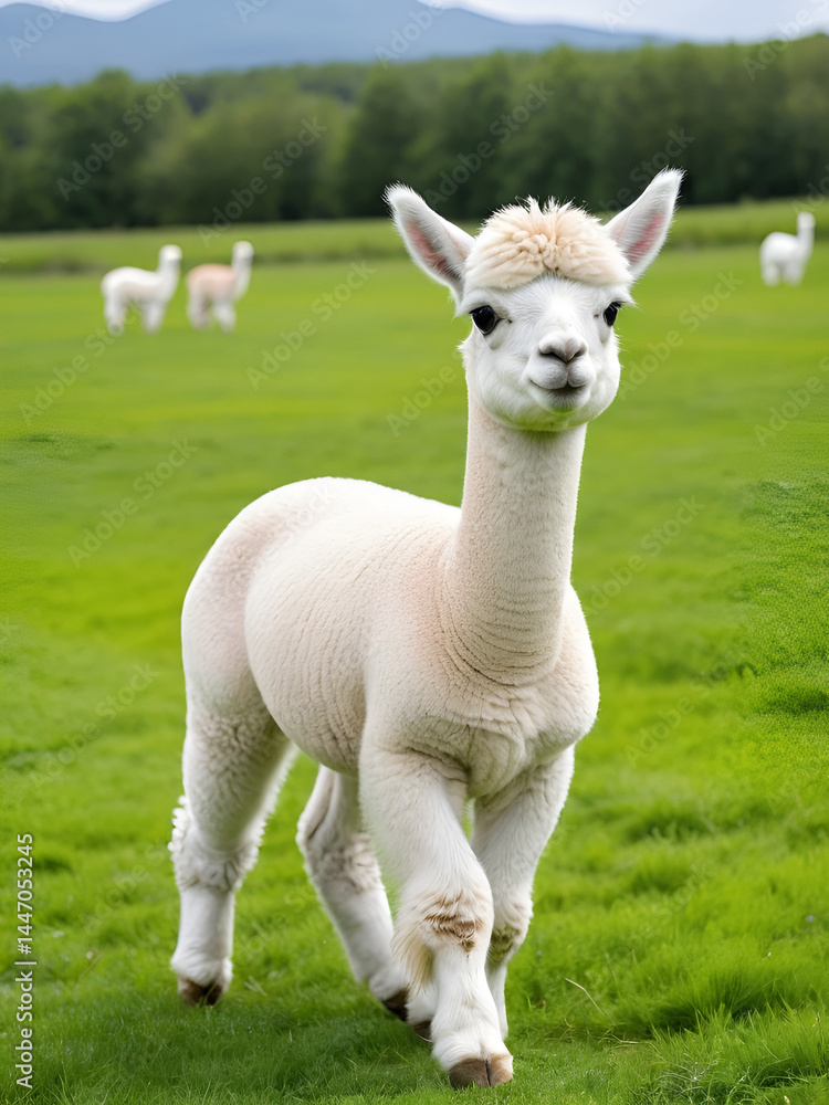 Obraz premium Baby alpaca pronking in a green field nature vibrant environment joyful concept