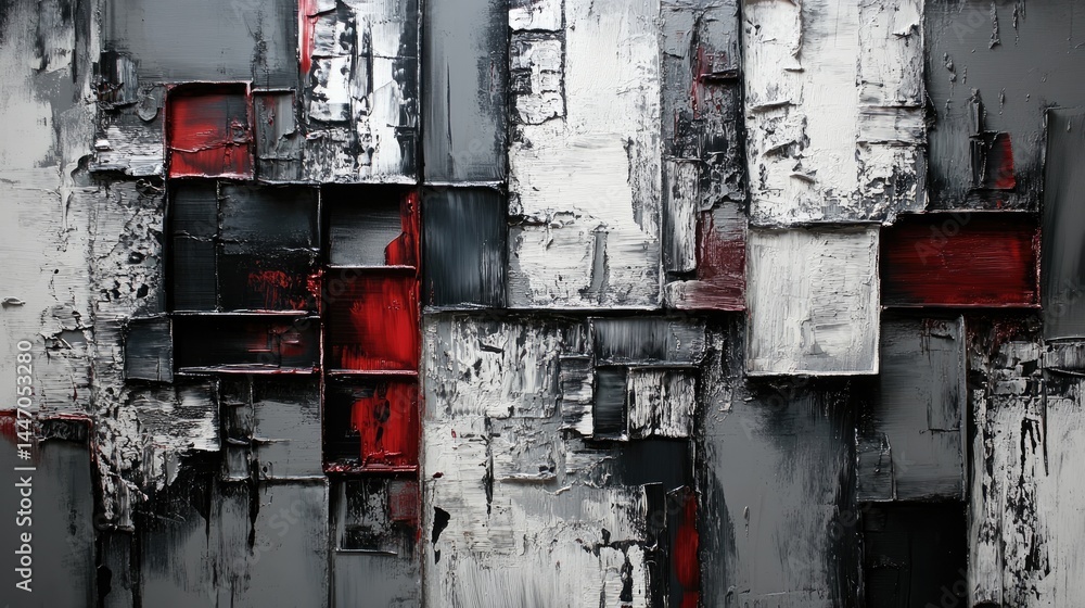 Naklejka premium Abstract art piece featuring grayscale blocks with red accents.