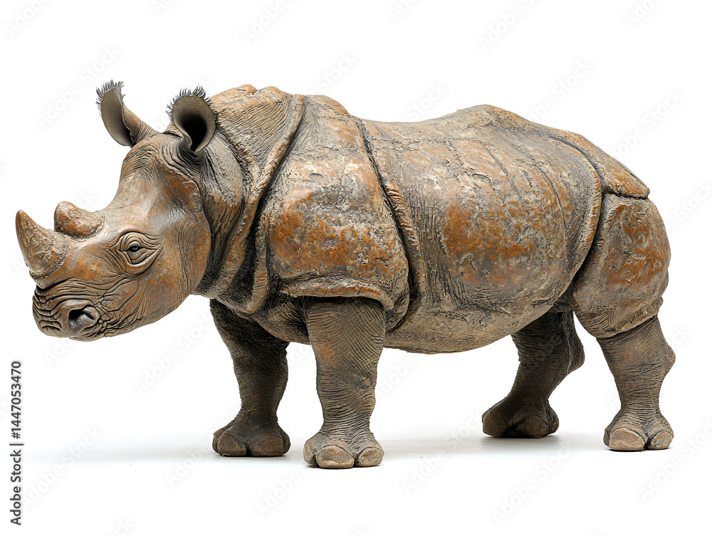 Fototapeta premium A huge, horned rhinoceros, a large grey mammal also called a rhino, is isolated on a white background