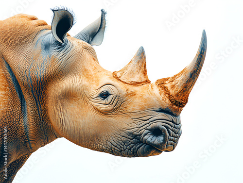 A huge, horned rhinoceros, a large grey mammal also called a rhino, is isolated on a white background