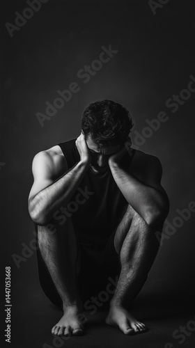 Black and white photo of a man sitting on the floor, head in hands, in a dark room