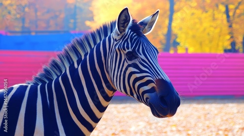 Graceful zebra portrait amidst a vibrant autumn backdrop showcasing nature's symphony of colors and wildlife beauty in serene outdoor ambience