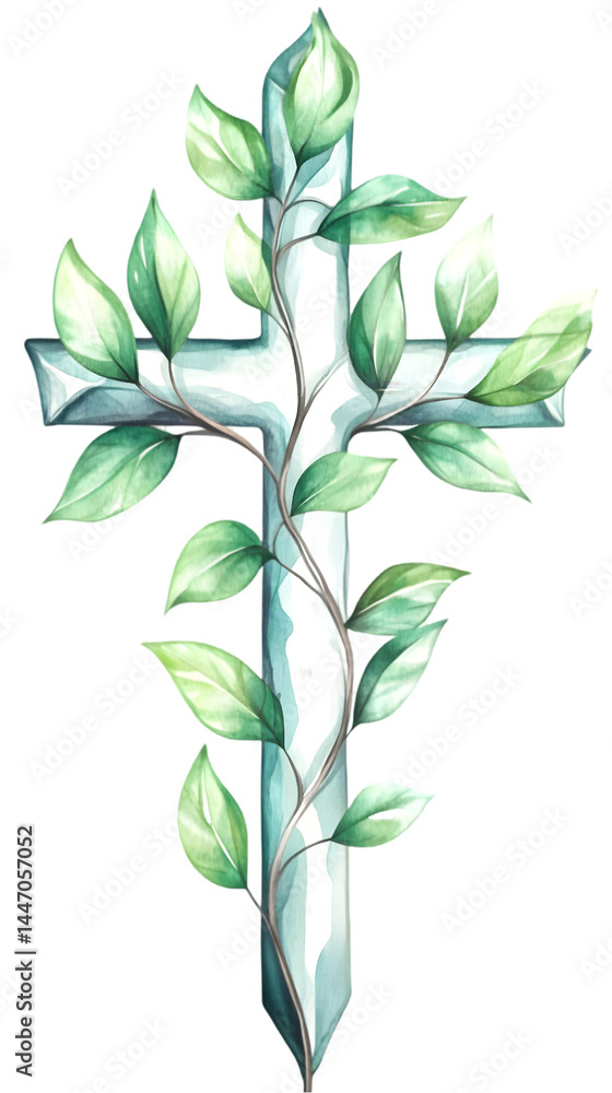 Fototapeta premium Illustration Light Teal Cross with Green Leaves, Isolated Background