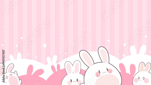 Pastel pink background decorated with an army of cute rabbits.