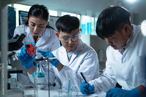 Three young scientists in lab coats working together in a laboratory examining a petri dish for microbiology biology and medical research with focus on education and innovation