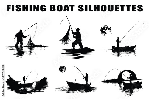 Silhouettes of Men and Dogs Fishing