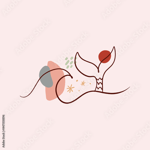 Minimalistic mermaid tail and wave undine modern abstract linear painting, seamaiden icon and logo elements, graphic outline style for surf or spa and yoga studio. Vector line water nymph illustration