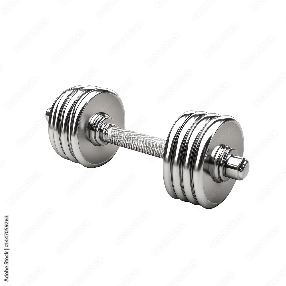 Polished, chrome-like dumbbell, rendered in a  setting, isolated against a plain backdrop.  It displays a smooth metal surface.