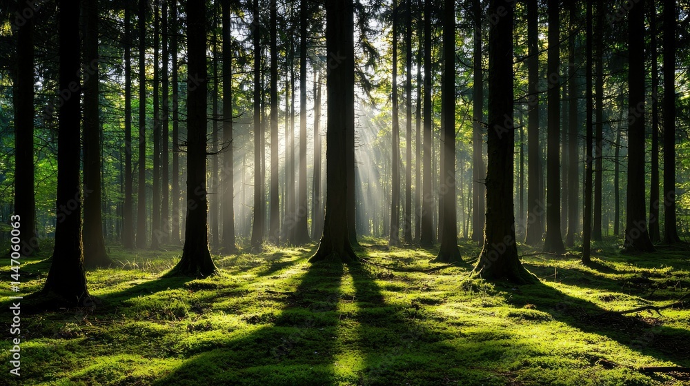 Fototapeta premium Sunlight streaming through a dense forest filled with tall trees