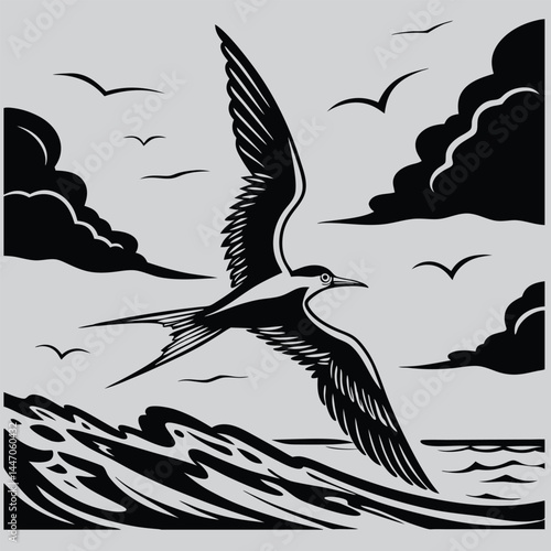A tern diving for fish image silhouette design vector art and illustration