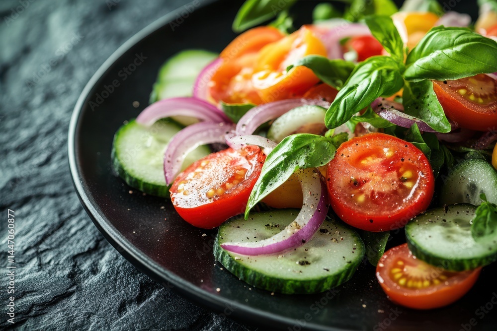Close up of fresh garden salad with tomatoes cucumbers and red onions plate Close up of fresh garden salad with tomatoes cucumbers and red onions plate