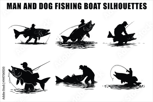 Silhouettes of Men and Dogs Fishing