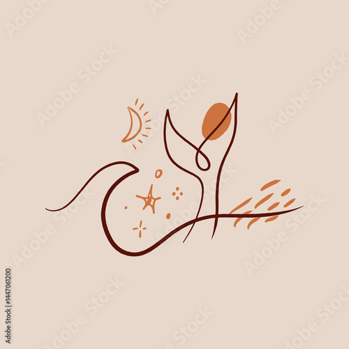 Minimalistic mermaid tail and wave undine modern abstract linear painting, seamaiden icon and logo elements, graphic outline style for surf or spa and yoga studio. Vector line water nymph illustration