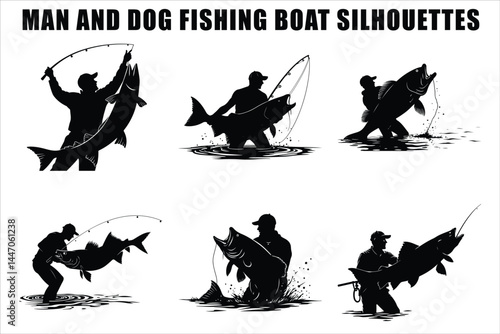 Silhouettes of Men and Dogs Fishing