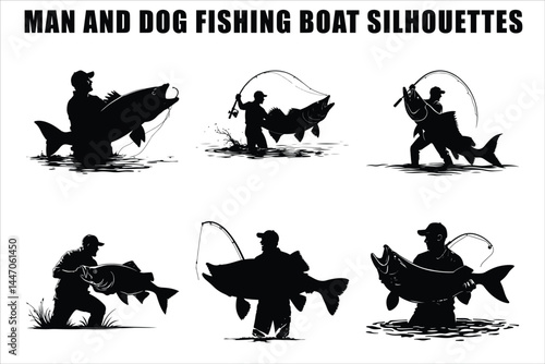 Silhouettes of Men and Dogs Fishing