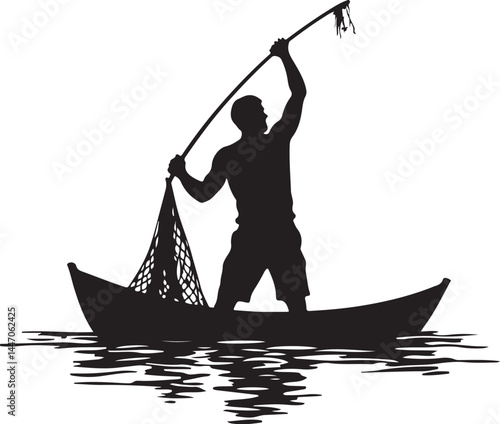Silhouettes of Men and Dogs Fishing