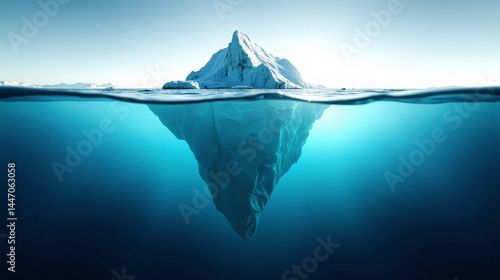 Photograph of an iceberg floating in the ocean.