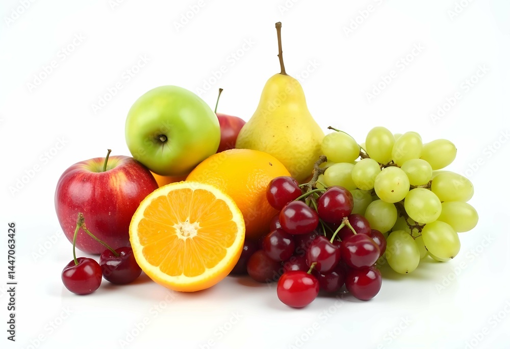 Fresh assorted fruits including apples, grapes, cherries, oranges, pears on white background representing healthy diet, organic nutrition, freshness, natural food, and vitamin-rich lifestyle. Fresh assorted fruits including apples, grapes, cherries, oranges, pears on white background representing healthy diet, organic nutrition, freshness, natural food, and vitamin-rich lifestyle.