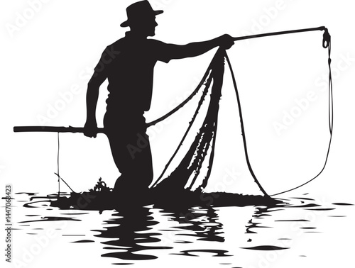 Silhouettes of Men and Dogs Fishing