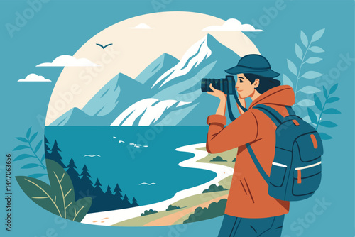 Create a bold, vector illustration of a stylish travel vlogger filming a vlog, showcasing adventurous travel.