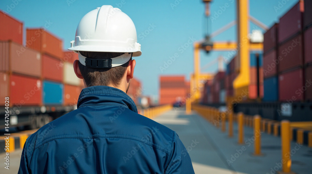 Man wearing a hard hat and uniform, standing in front of a large container ship. Man wearing a hard hat and uniform, standing in front of a large container ship.