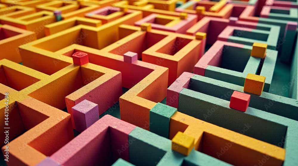 Large maze made up of colorful wooden blocks arranged in a grid-like pattern. Large maze made up of colorful wooden blocks arranged in a grid-like pattern.
