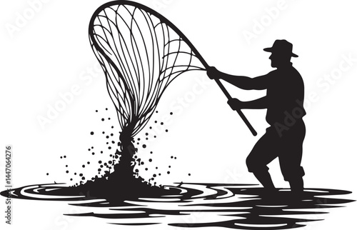 Silhouettes of Men and Dogs Fishing