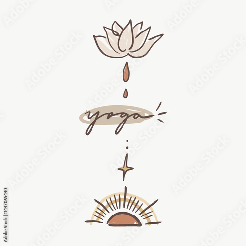 Calligraphic minimalistic lettering yoga logos or icons set, meditation Reiki modern brush hand-drawn linear drawing handmade style, sun and lotus symbols of life, calm palette, terra-cotta color