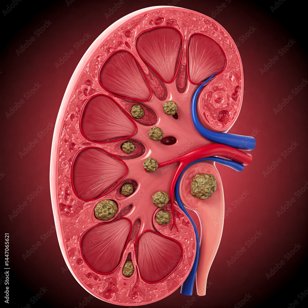 The interior of a kidney with stones, sectioned in two. Anatomical details of kidney stones