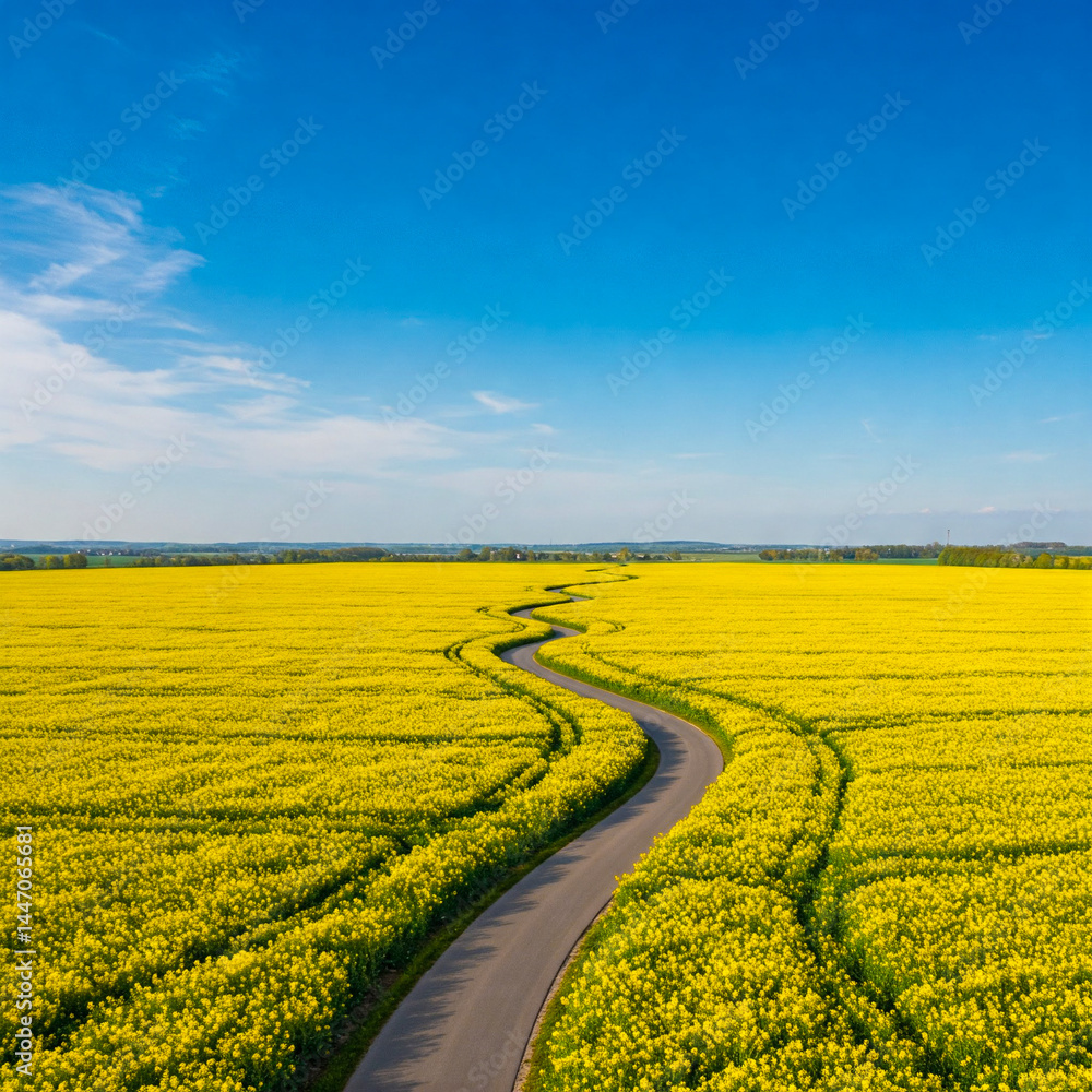 A road winding through a field of blooming rapeseed seen from above