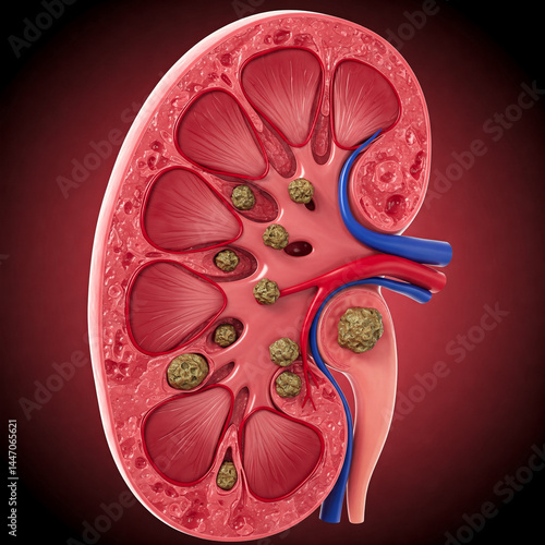 Obraz na płótnie The interior of a kidney with stones, sectioned in two. Anatomical details of kidney stones w salonie