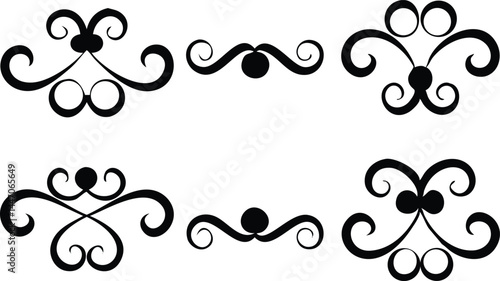 Black ornamental flourishes are displayed against a white background showcasing elaborate swirl and circle accents