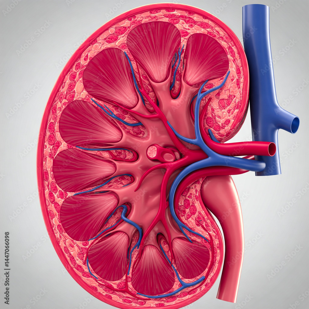 The interior of a kidney sectioned in two. Anatomical details of a kidney