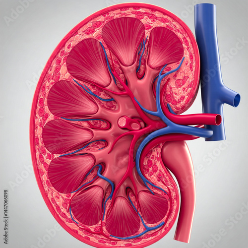Obraz na płótnie The interior of a kidney sectioned in two. Anatomical details of a kidney w salonie