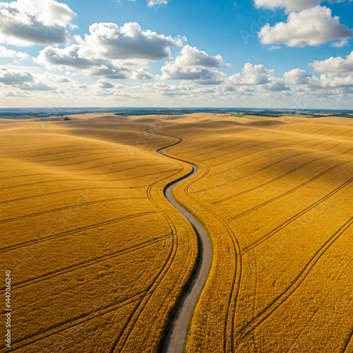Aerial view of a road winding through a field of ripe wheat