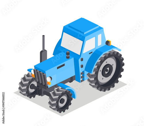 Isometric tractor isolated on white background. Blue cabin. Large heavy modern agricultural tractor for fieldwork.