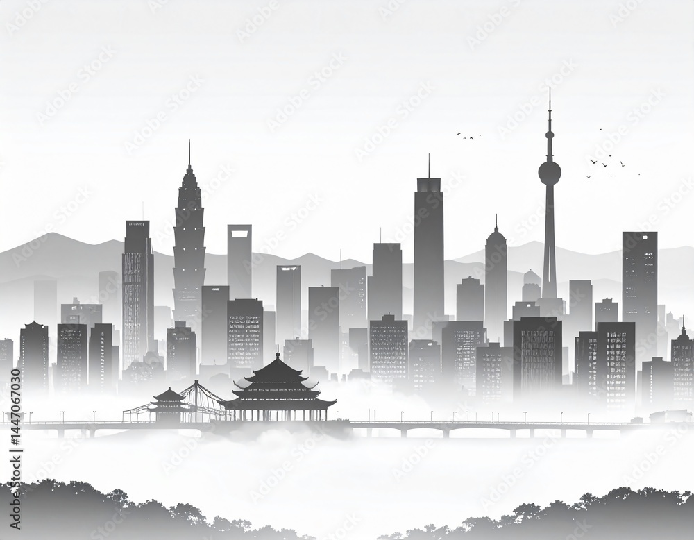 Naklejka premium grayscale foggy skyline at night