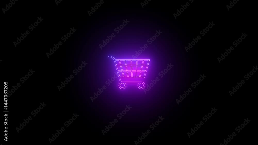 neon Cart icon animation on black screen. Shopping carts in stores and supermarkets. 4k video.