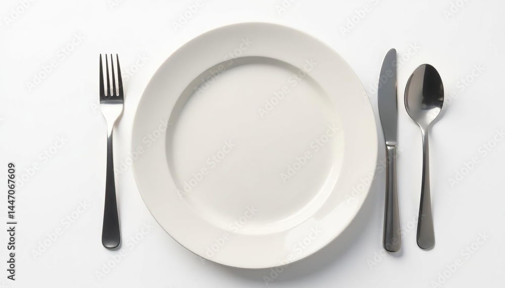 Close-up of empty plate, simple cutlery, white background , commitment, weight loss Close-up of empty plate, simple cutlery, white background , commitment, weight loss