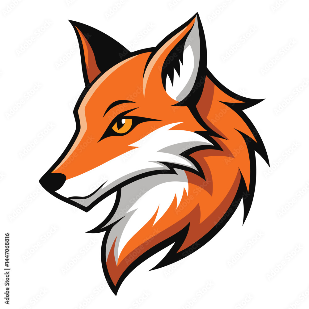 Fototapeta premium Cartoon fox head shows orange fur and intense yellow eyes over a white background
