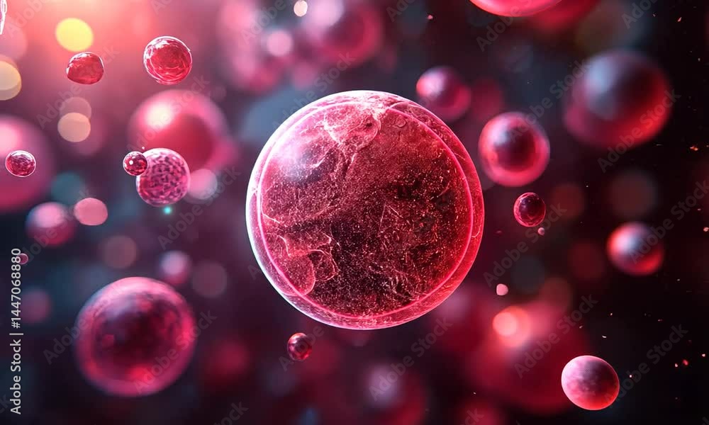 Close-up view of vibrant red cells floating in a colorful, abstract background, depicting life Close-up view of vibrant red cells floating in a colorful, abstract background, depicting life