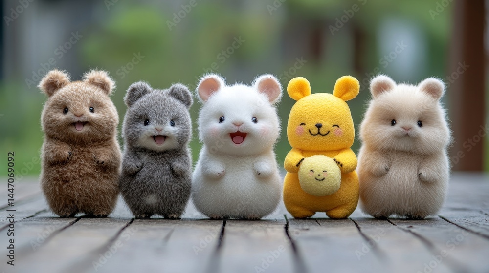 Adorable handcrafted hamster collection featuring unique textures and colors creating a heartwarming whimsical charm evoking joy with tiny companions lined up on wood Adorable handcrafted hamster collection featuring unique textures and colors creating a heartwarming whimsical charm evoking joy with tiny companions lined up on wood