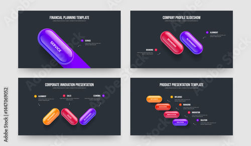 Business Report One Two Three Four Element Diagram Slideshow Design Vector Illustration Collection. Investor Introduction 1 2 3 4 Step Infographic Slide Template Set.