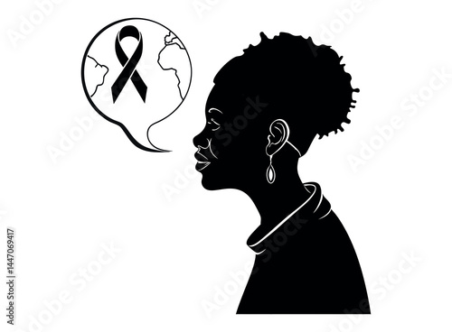 Silhouette of child raising awareness ribbon for World AIDS Day. silhouette of a child reaching for a red awareness ribbon, set against a stylized world map backdrop. global, prevention, awareness cam